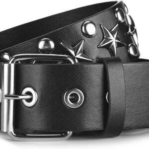 Ceinture En Cuir Noir Avec Clous Étoilés, Un Accessoire Tendance Et Audacieux Pour Toutes Les Occasions.