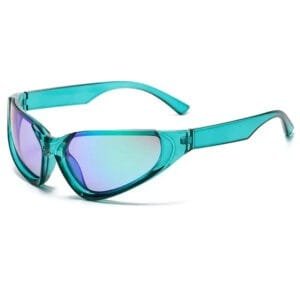 Lunettes chic teal en forme de chat avec verres iridescents et tendance Y2K.