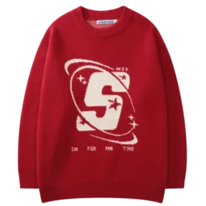 Pull Rouge Vibrant Avec Motif Spatial Et Rétro, Idéal Pour Un Style Original Et Décontracté.