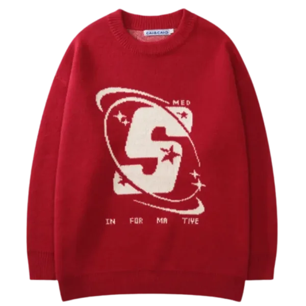 Pull Rouge Vibrant Avec Motif Spatial Et Rétro, Idéal Pour Un Style Original Et Décontracté.