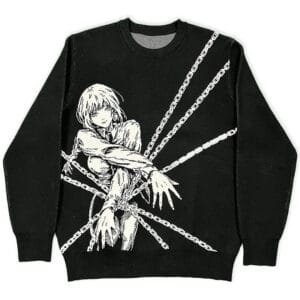 Sweatshirt noir avec illustration captivante de chaînes et figure artistique.