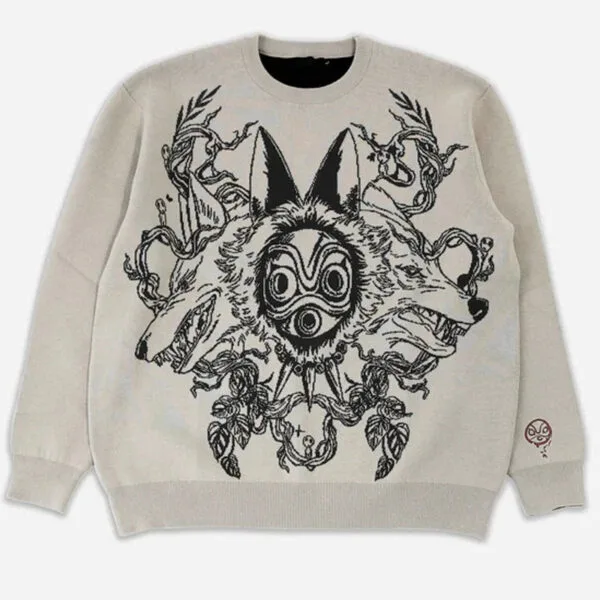 Sweatshirt Beige Avec Graphisme Masqué, Fusion Artistique De La Nature Et Du Fantastique.