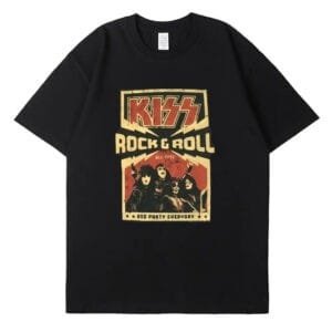 T-Shirt Noir Vintage Kiss Rock &Amp; Roll Avec Graphique Coloré Et Affichage Emblématique.