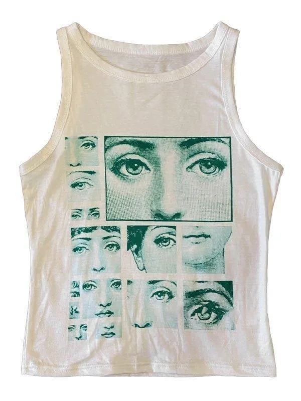 Débardeur Blanc Vintage Avec Collage Dyeux, Design Artistique Et Décontracté.