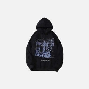 Hoodie noir avec graphisme abstrait et texte NOW TREND pour un style contemporain.