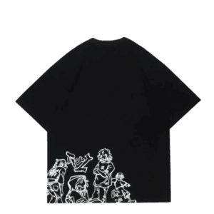 T-shirt noire avec graphisme ludique et personnages animés, style décontracté et créatif.