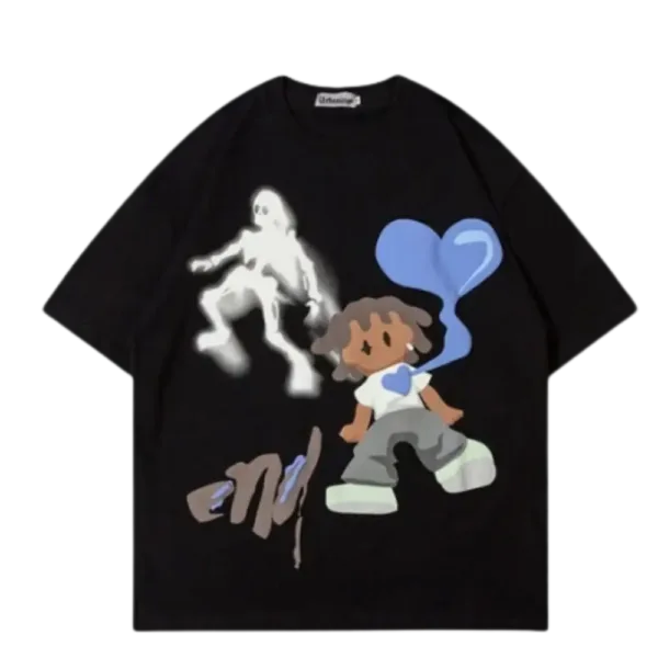 T-Shirt Noir Avec Design Amusant : Personnage Joyeux Et Ballon En Forme De Cœur.