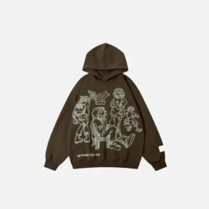 Hoodie Marron Avec Design Ludique Et Personnages Amusants, Style Décontracté Et Confortable.