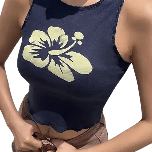 Haut Estival Cropped Bleu Marine Avec Imprimé Hibiscus Fleuri, Parfait Pour Lété.