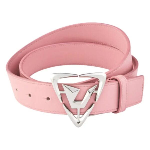 Ceinture En Cuir Rose Élégante Avec Boucle Triangulaire En Métal Brillant, Parfaite Pour Tous Les Styles.