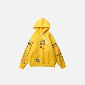 Hoodie jaune dynamique avec imprimés modernes, parfait pour un style décontracté et tendance.